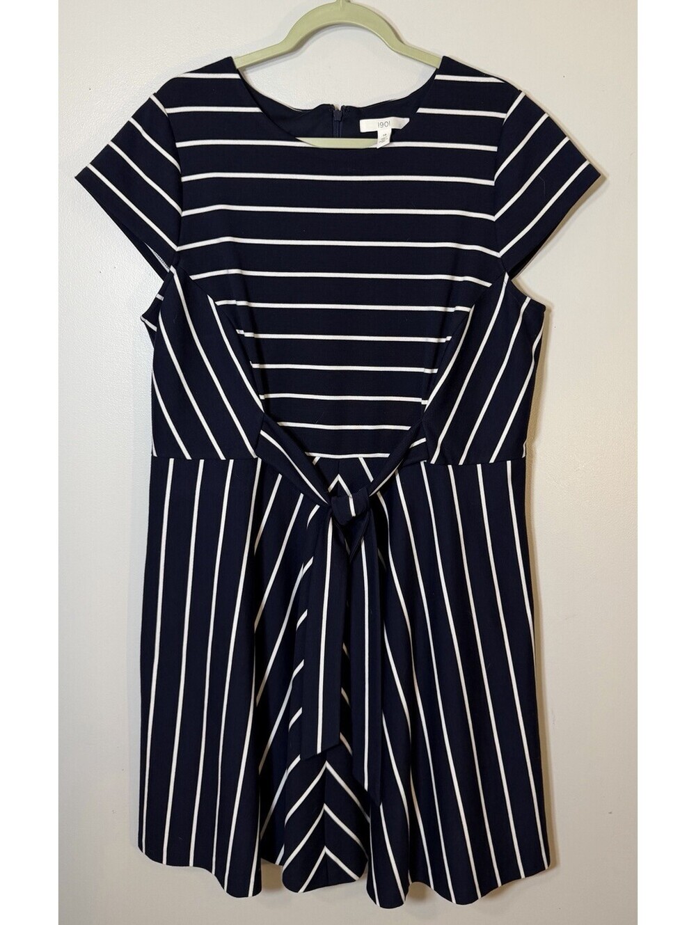 1901 Nordstrom Navy White Stripe Tie Waist Fit Flare A-Line Dress Cap Sleeve 18